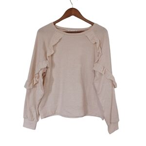 89th & Madison Oatmeal White Cream Ruffle Long Sleeve Women's Sweatshirt Top